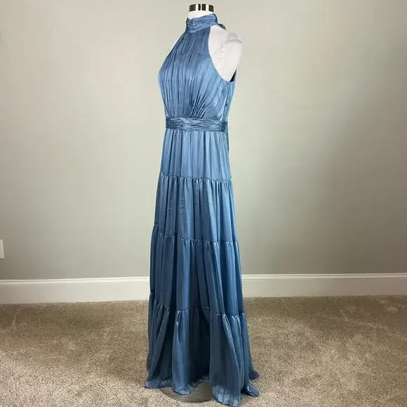 Mac Duggal 70168 Metallic Halter Long A-Line Evening Gown Blue Size 10 Dress - Picture 5 of 11